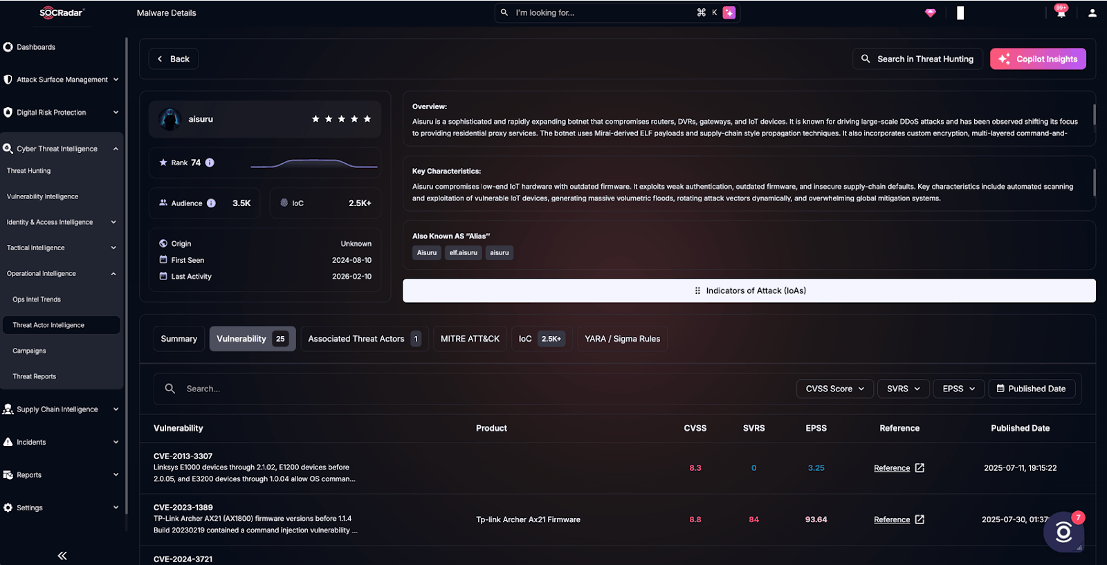Details of Aisuru botnet on the SOCRadar platform