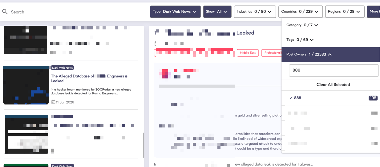 SOCRadar platform view displaying cross-forum activity of the 888 alias, highlighting identical data leak posts shared on different underground communities.