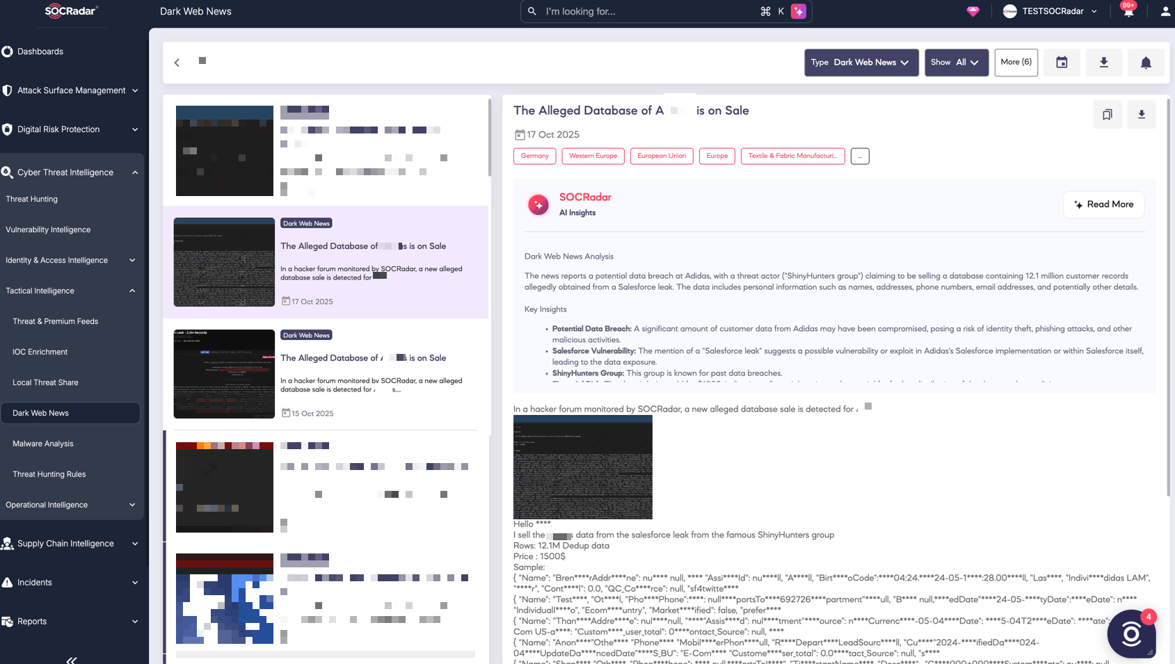 SOCRadar Dark Web News, October 17, 2025, captures the same dataset reposted on a different forum for 1,500 USD under a separate actor identity.