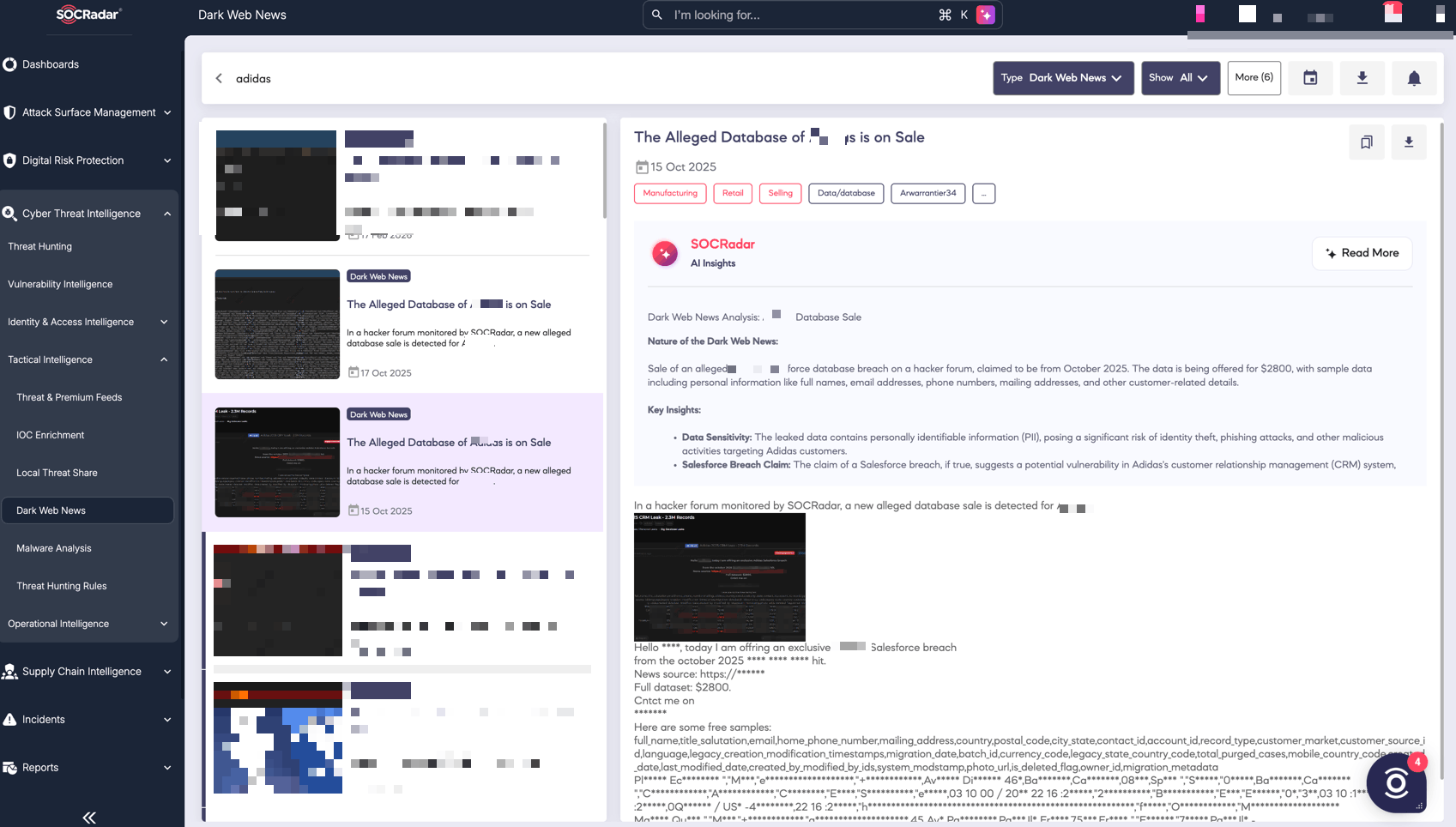 SOCRadar Dark Web News, October 15, 2025, shows the Salesforce-linked dataset offered for 2,800 USD and advertised as an exclusive breach.