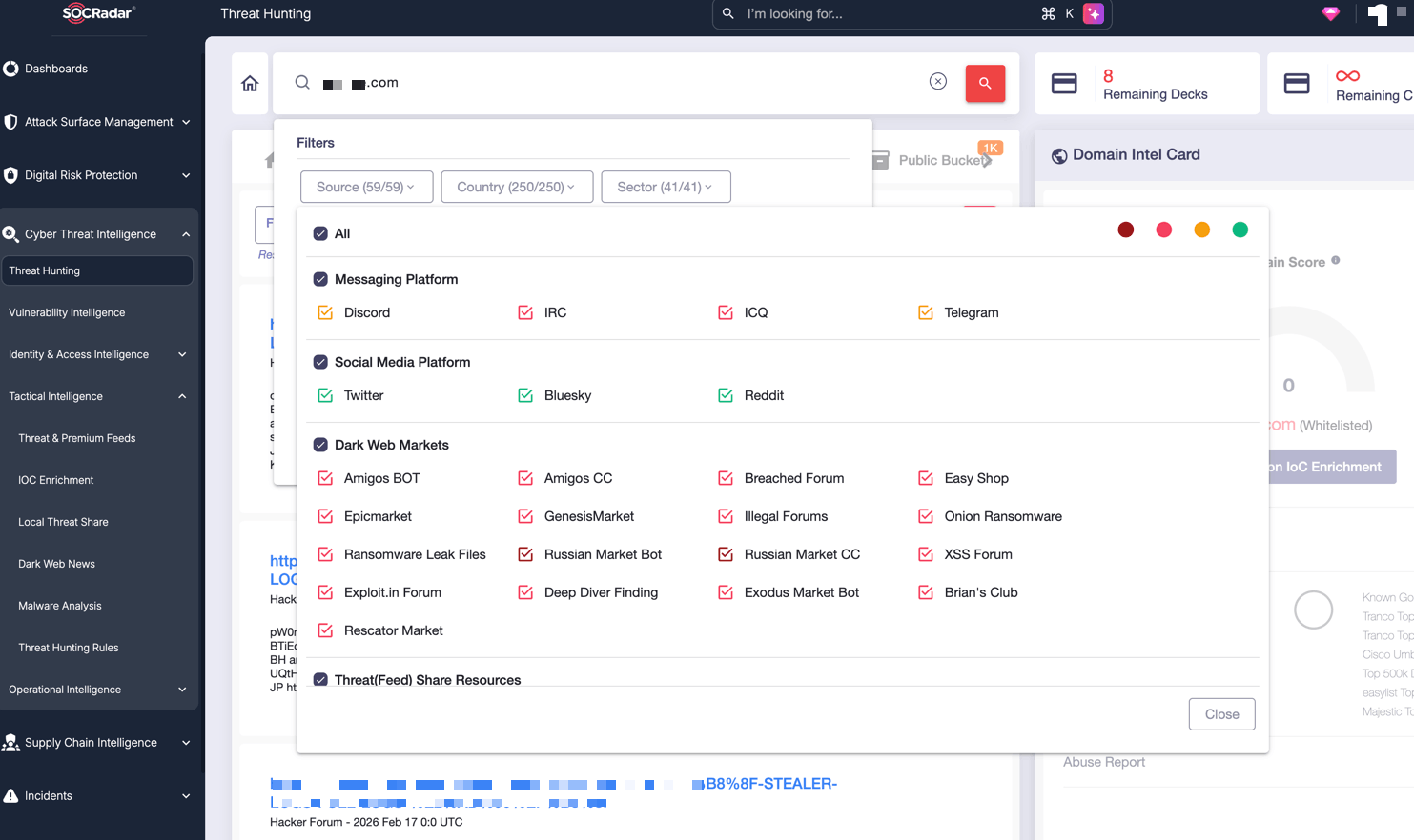 Email-based query across hacker forums and Telegram channels via SOCRadar Threat Hunting