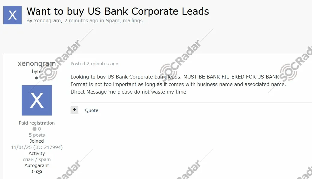 A purchasing announcement for U.S. bank corporate leads, filtered by bank name with associated business and contact information. (Source: SOCRadar Dark Web News)