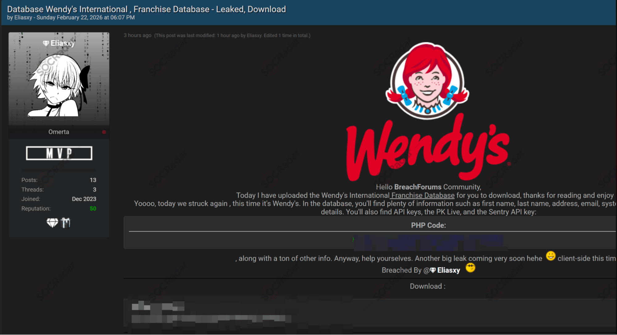 Alleged Database of Wendy's is Leaked