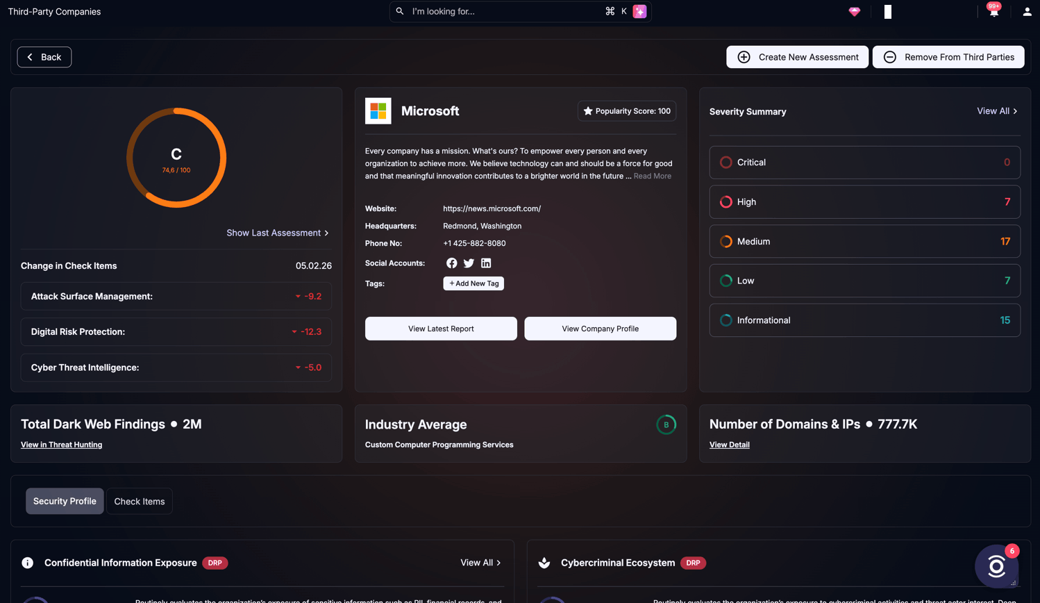 SOCRadar’s Supply Chain Intelligence helps security teams continuously assess third-party risk, monitor vendor security posture, and turn emerging supply chain threats into actionable remediation priorities. It also supports risk reporting, compliance mapping, and ongoing vendor monitoring across a large third-party company dataset.