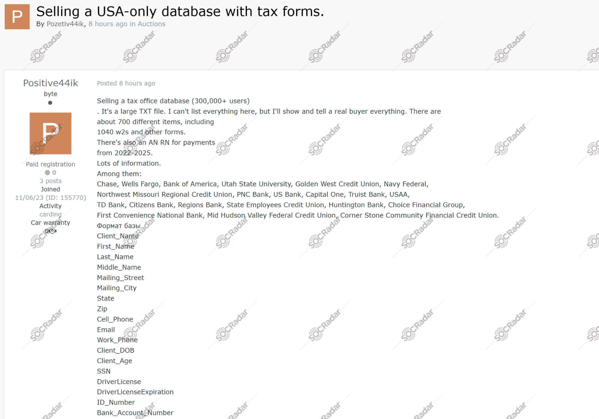 The Alleged Database of an American Tax Office is on Sale