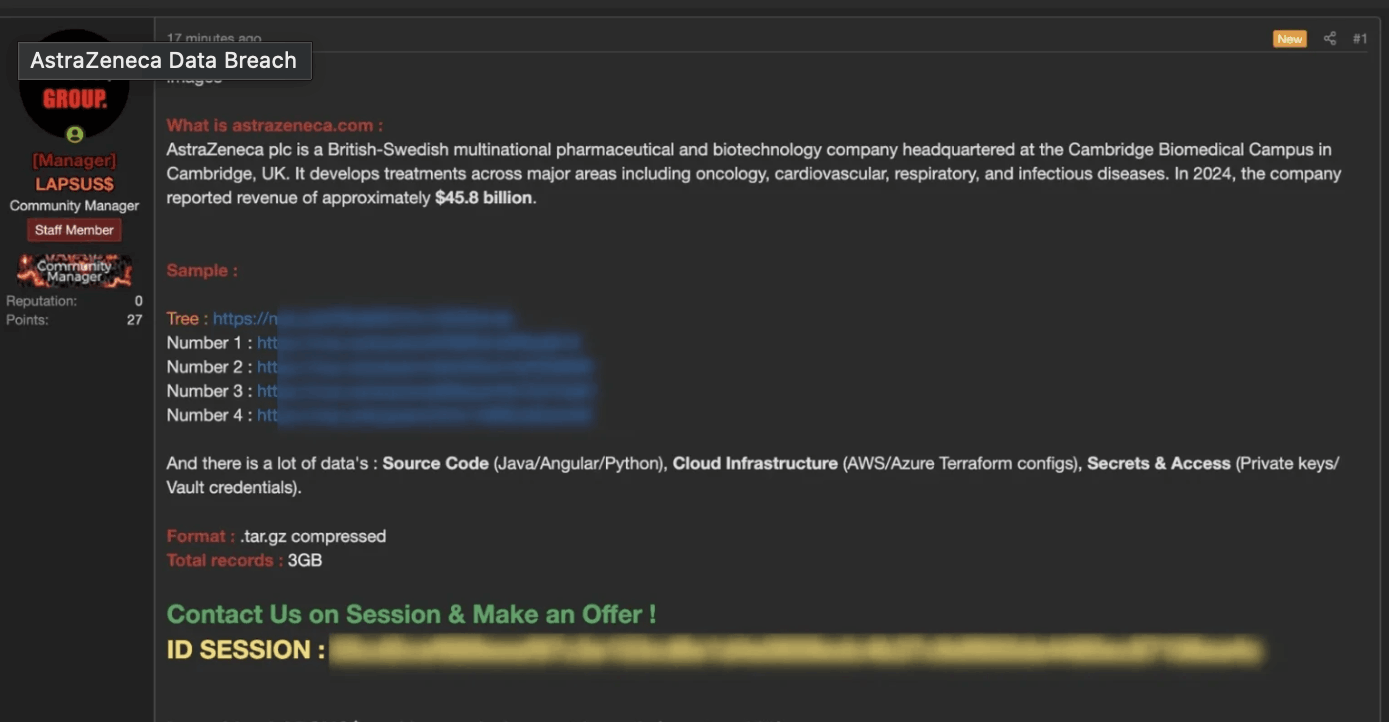 Dark Web post advertising an alleged AstraZeneca breach
