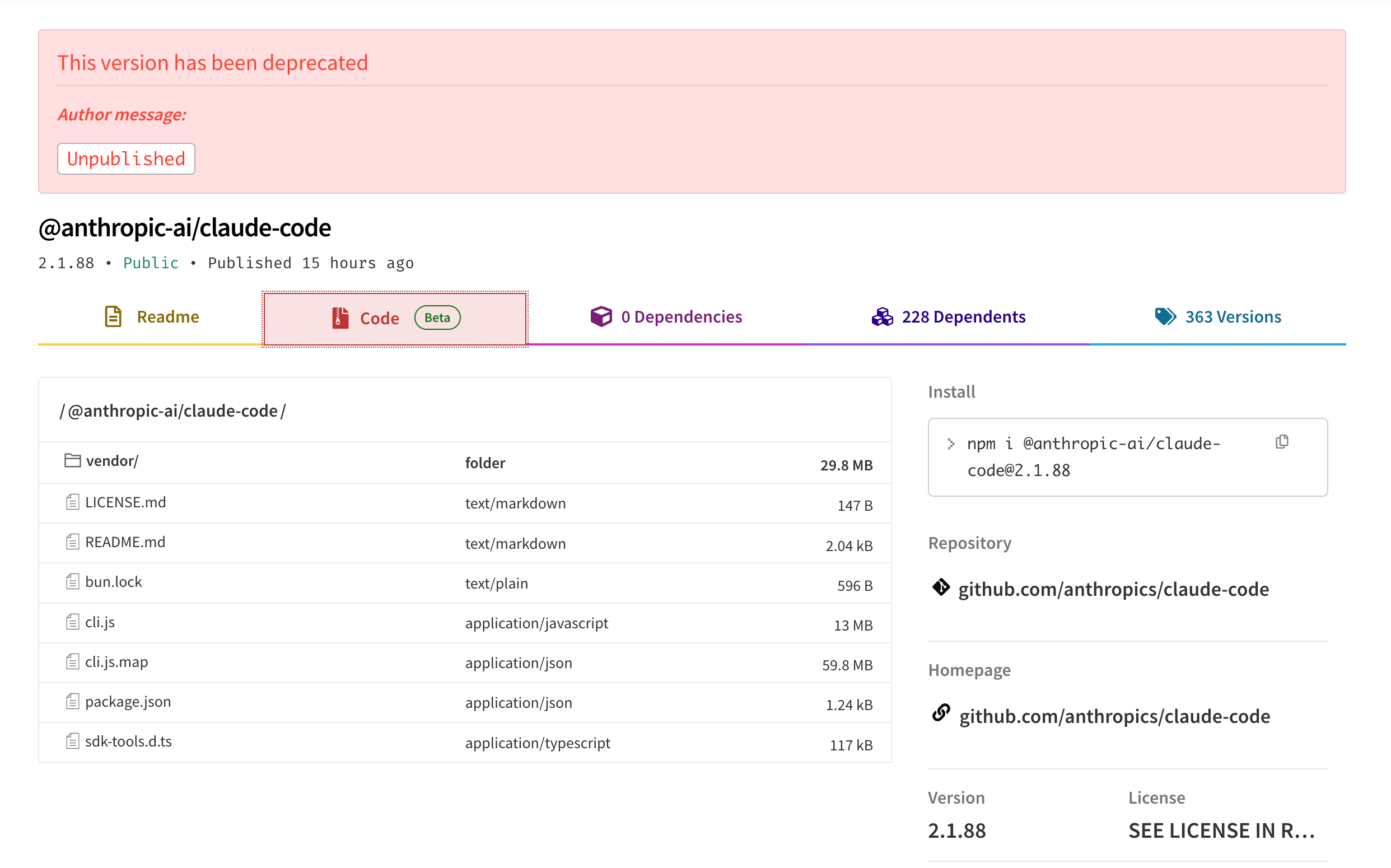 Initially published npm contents for @anthropic-ai/claude-code v2.1.88, including the bundled cli.js.map source map.