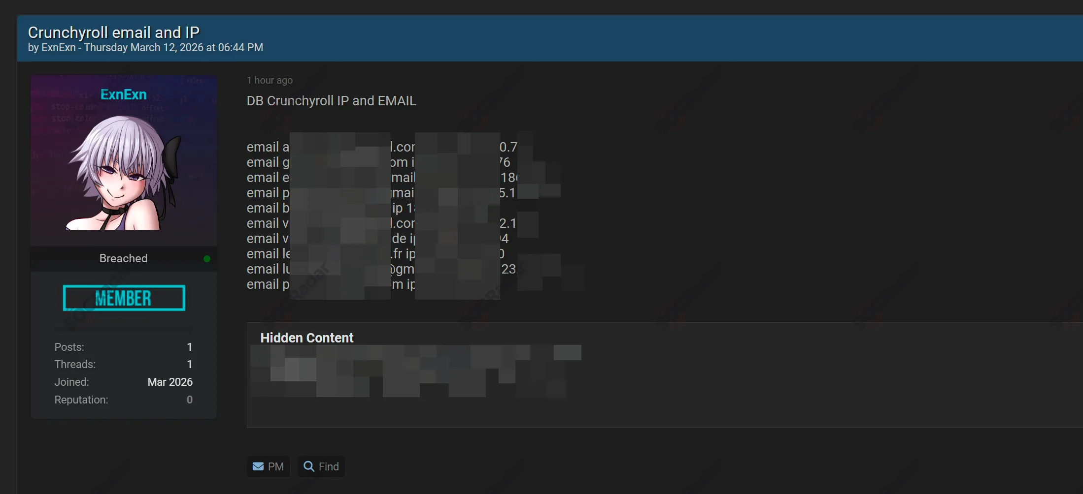 Detected hacker forum post advertising alleged Crunchyroll email and IP address data