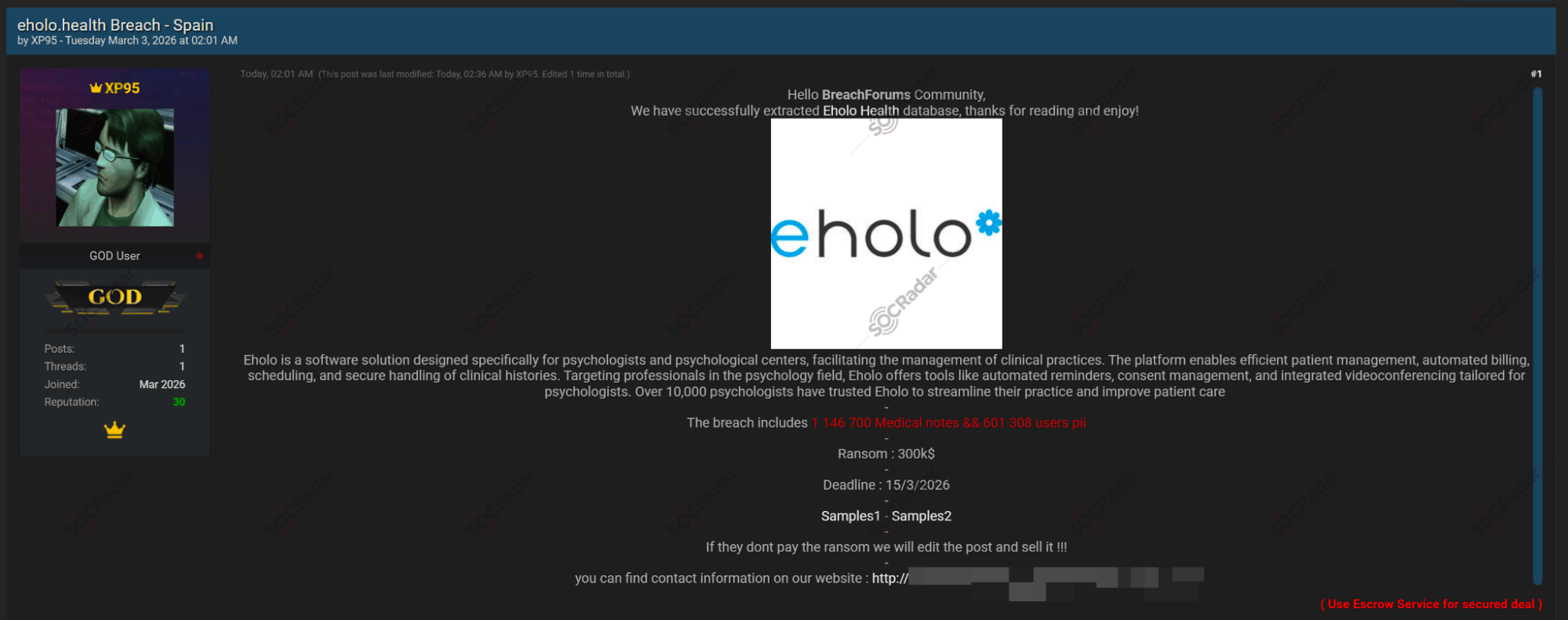 The Alleged Eholo Hack Announcement and Data Sharing Post Detected