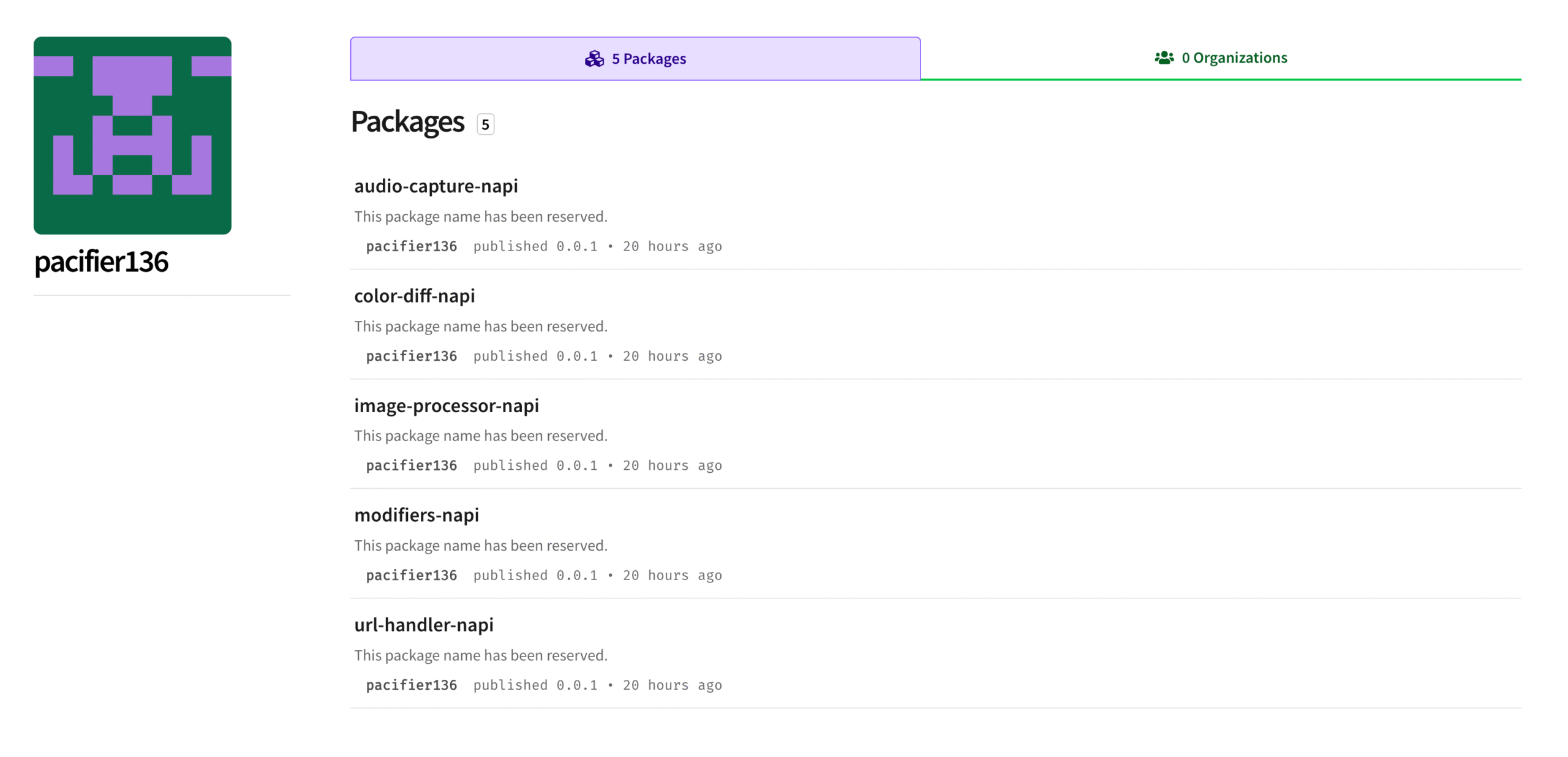 The npm user pacifier136 published the package names audio-capture-napi, color-diff-napi, image-processor-napi, modifiers-napi, and url-handler-napi, all of which appear intended to typosquat internal Claude Code dependencies and support possible dependency confusion attacks.