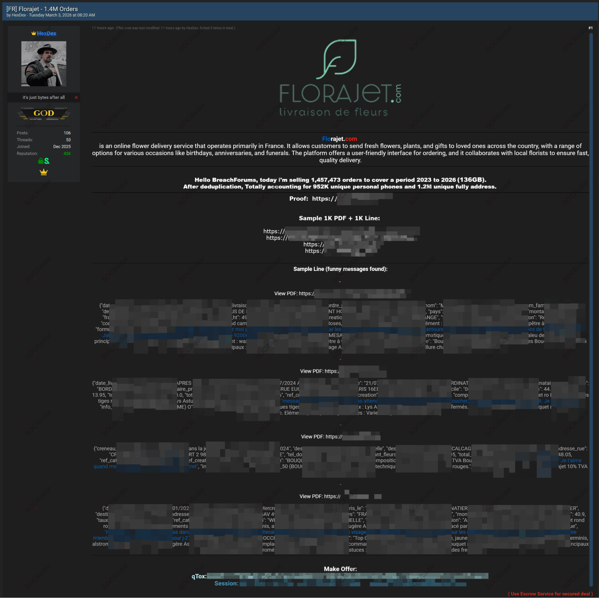The Alleged Database of Florajet is on Sale