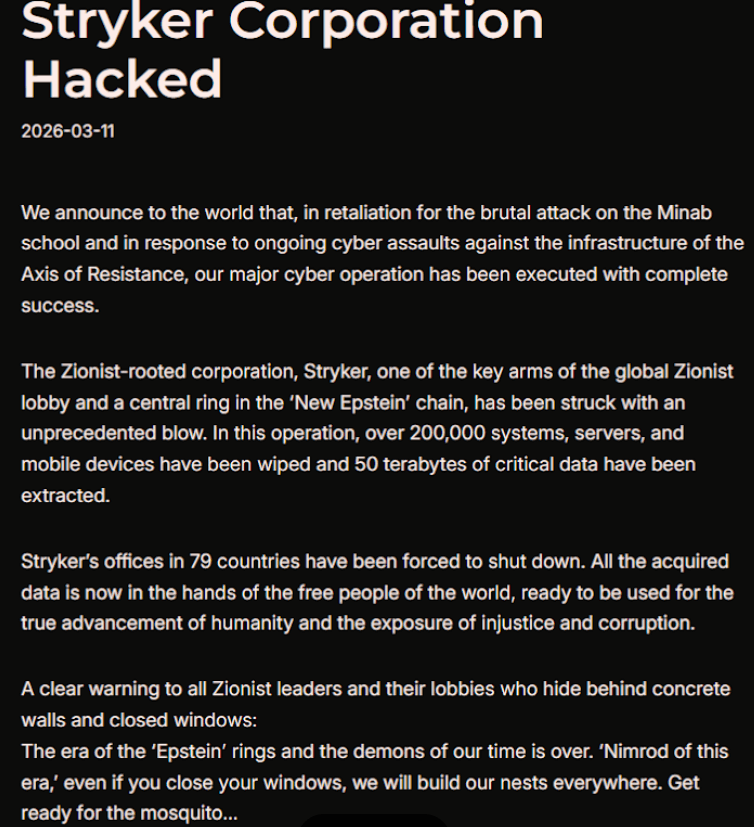 Handala Hack claims to have breached Stryker