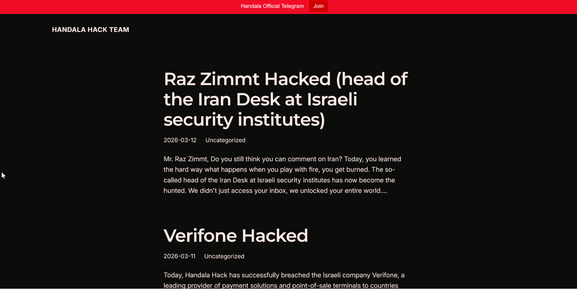 Handala operates a dedicated claim-and-propaganda website on both the clear web and Tor, where the group publicly announces alleged breaches, and issues ideological messaging targeting its adversaries.