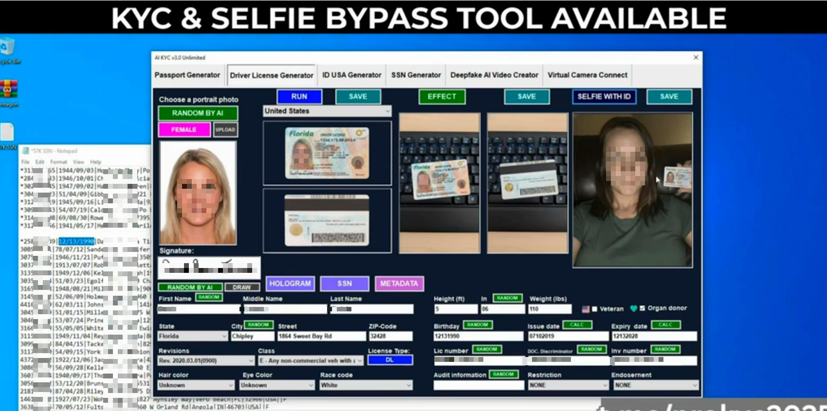 Example of a DaaS tool designed to generate identities and bypass KYC and selfie verification processes.