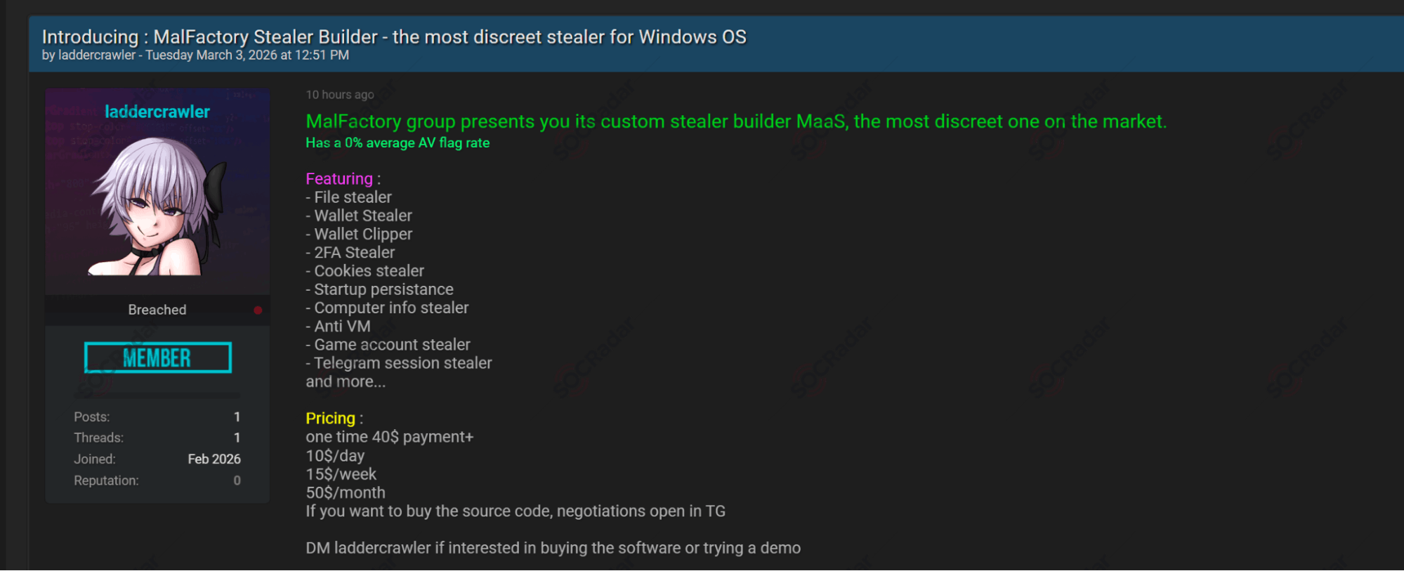 New MalFactory Stealer Builder is on Sale