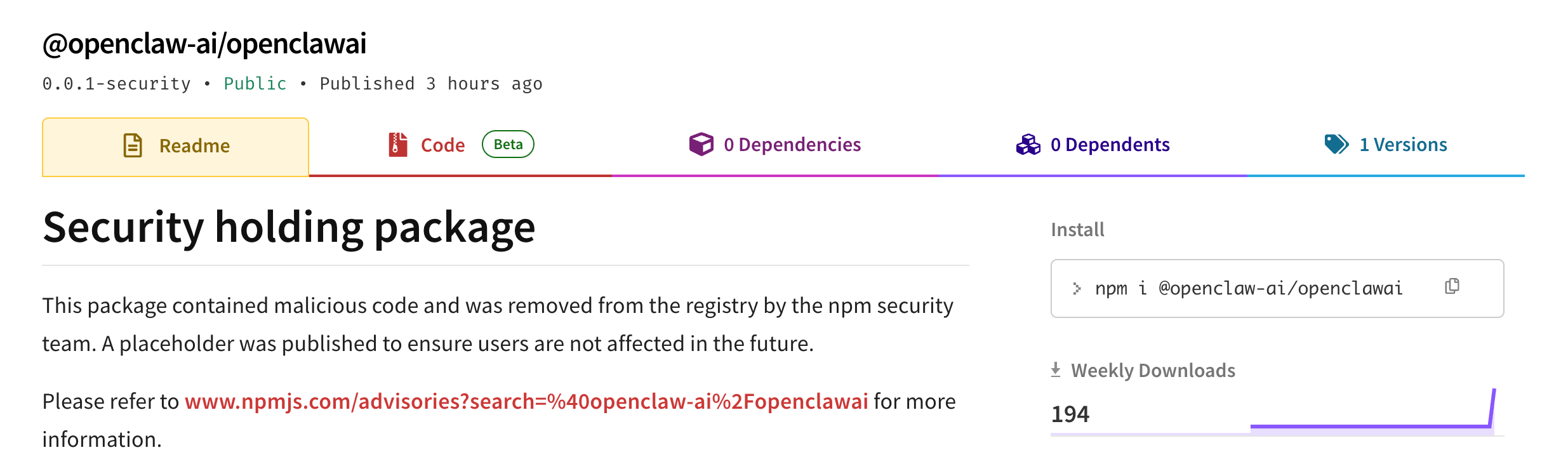 The malicious npm package was taken down as a security measure.