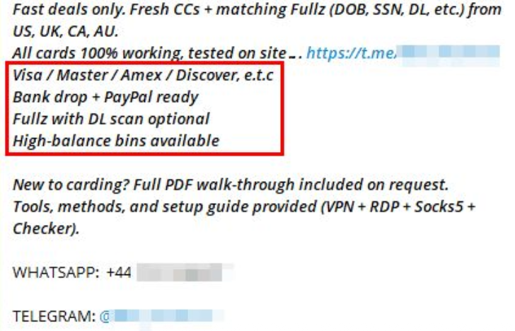Telegram advertisement offering stolen card data, bank drops, and fraud-ready financial accounts.