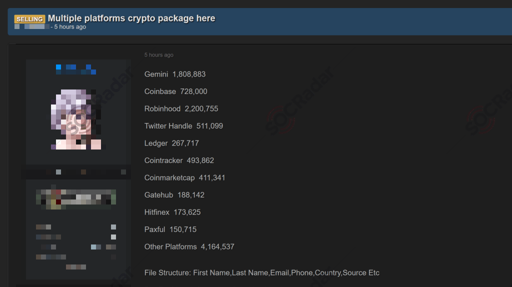 Alleged Database of Multiple Crypto Platform Users is on Sale