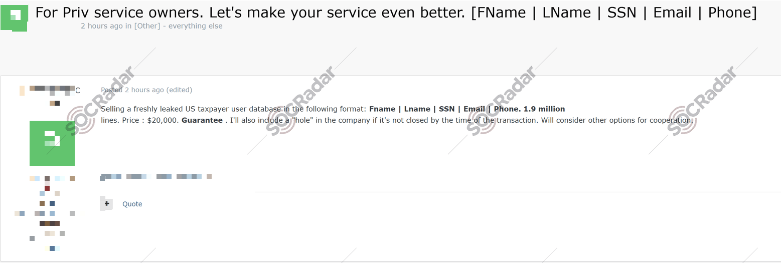 Example Dark Web forum post advertising a database containing 1.9 million U.S. taxpayer records (Source: SOCRadar Dark Web News)