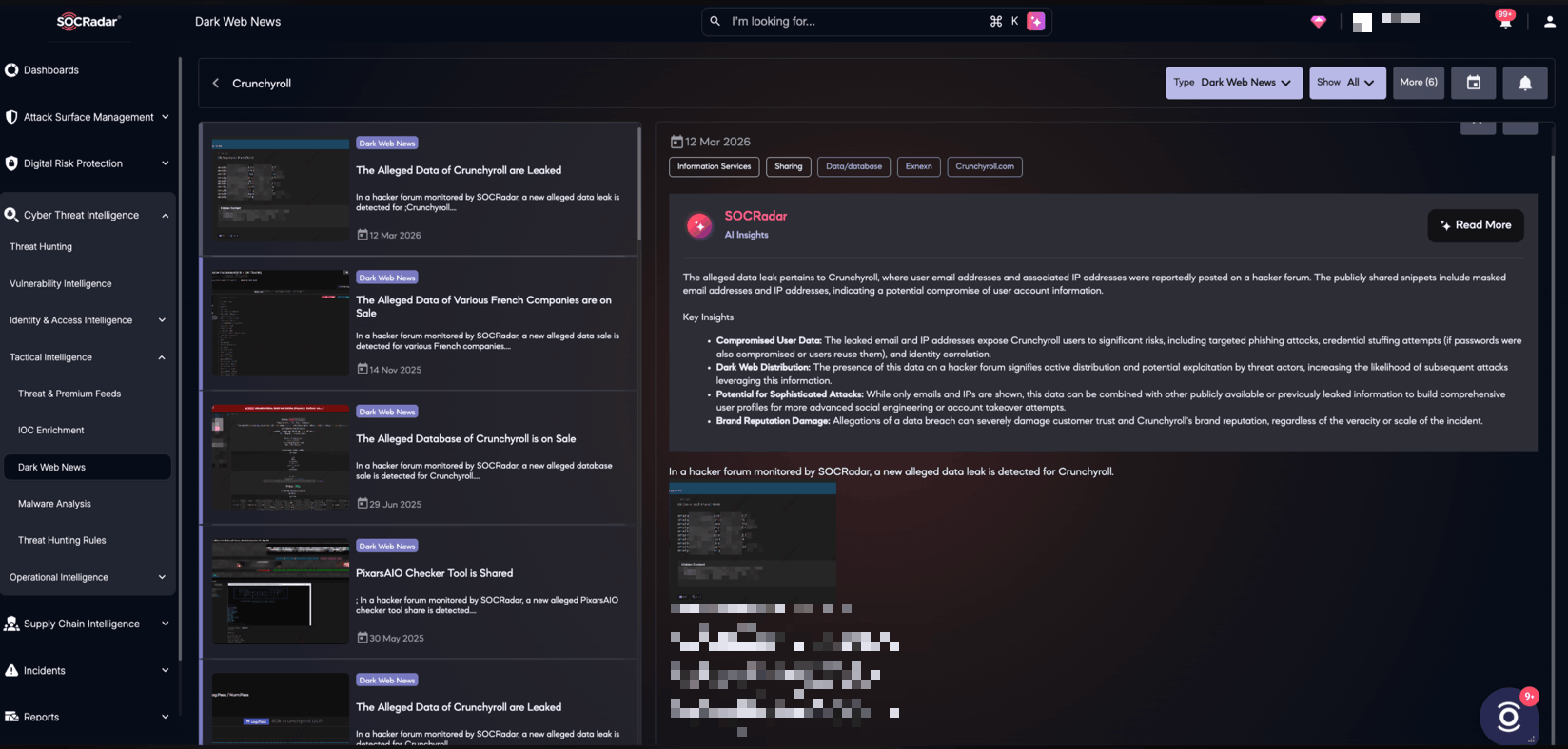 SOCRadar Dark Web News view showing the alleged Crunchyroll data leak and related risk insights..