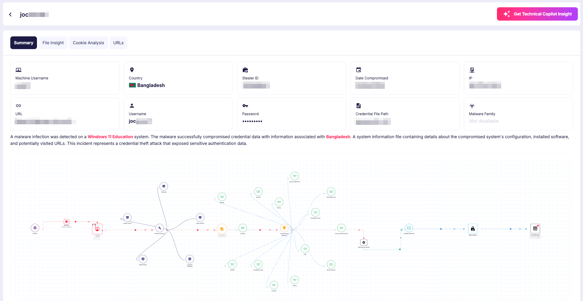 If you want to analyze the whole infection process and gather more information, you can also view the summary of the attack, file insights, cookie analysis, and a detailed view of the URLs from the victim device