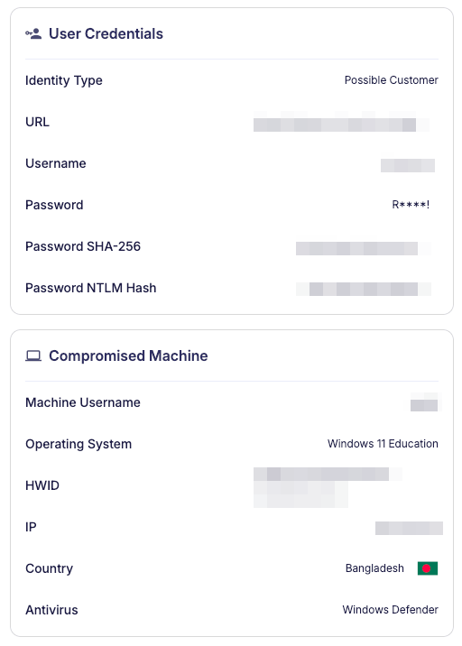 When you detect a log related to your organization, you can click on it for further investigation and check the details of the leaked credentials