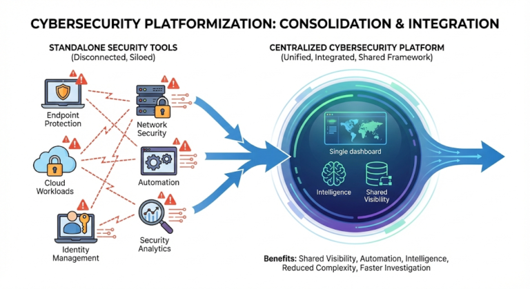 Illustration showing multiple standalone security tools converging into one centralized platform.