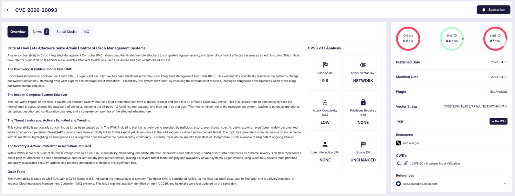 Details of CVE-2026-20093 (SOCRadar Vulnerability Intelligence)