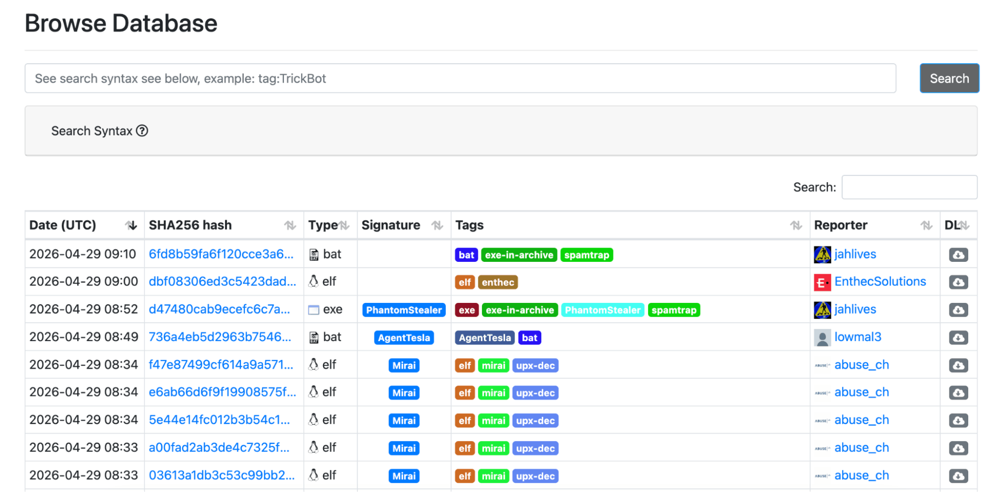 MalwareBazaarとURLhausのマルウェア関連データベース画面例