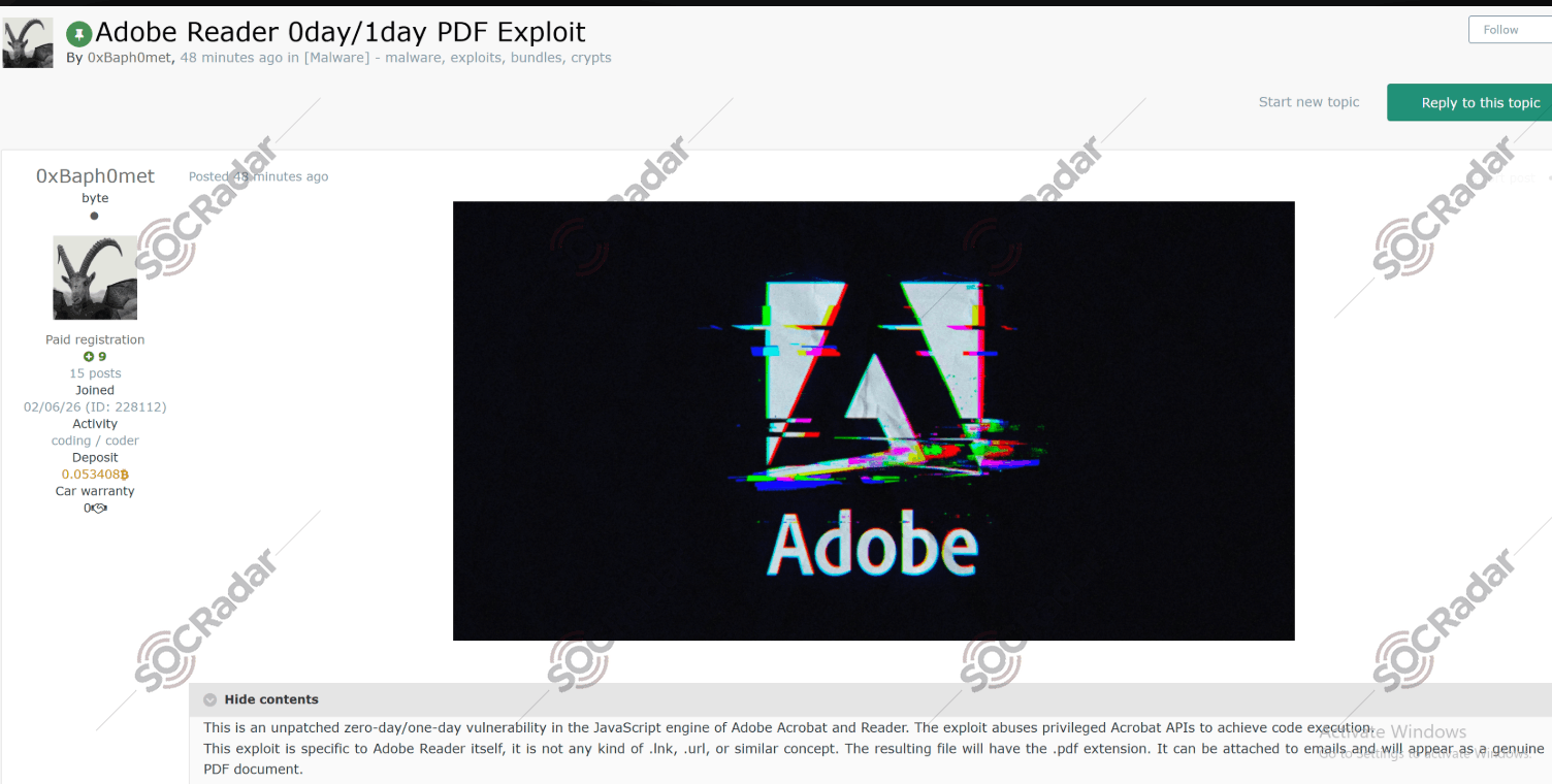 PoC exploit found on Dark Web for an Adobe Acrobat & Reader zero-day (SOCRadar Dark Web News) 