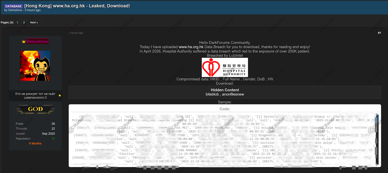 The Alleged Database of Hospital Authority Hong Kong is Leaked
