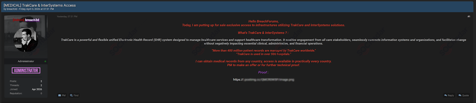 The Alleged Unauthorized Network Access Sale is Detected for TrakCare and InterSystems