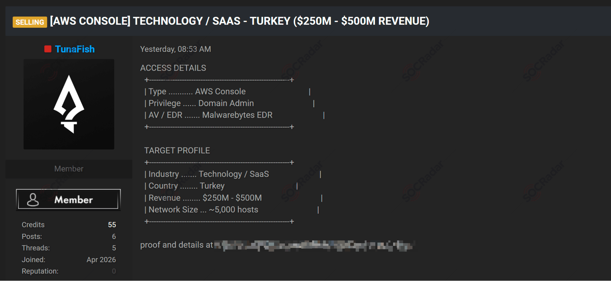 AWS Console Access Sale is Detected for a Technology and SaaS Target in Turkiye