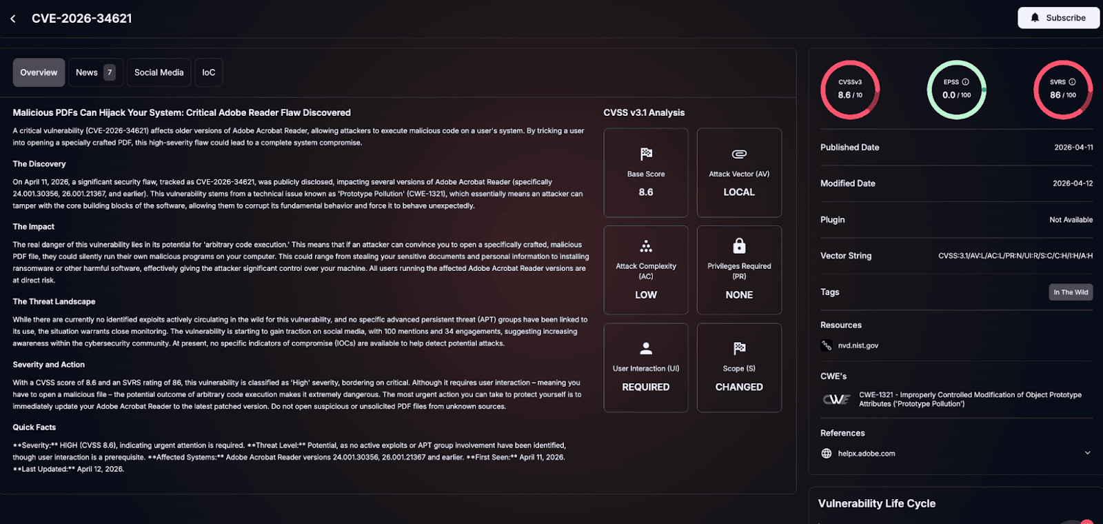 Details of CVE-2026-34621 (SOCRadar Vulnerability Intelligence)