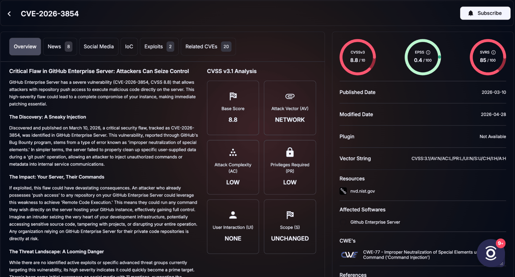 Details of CVE-2026-3854 (SOCRadar Vulnerability Intelligence)