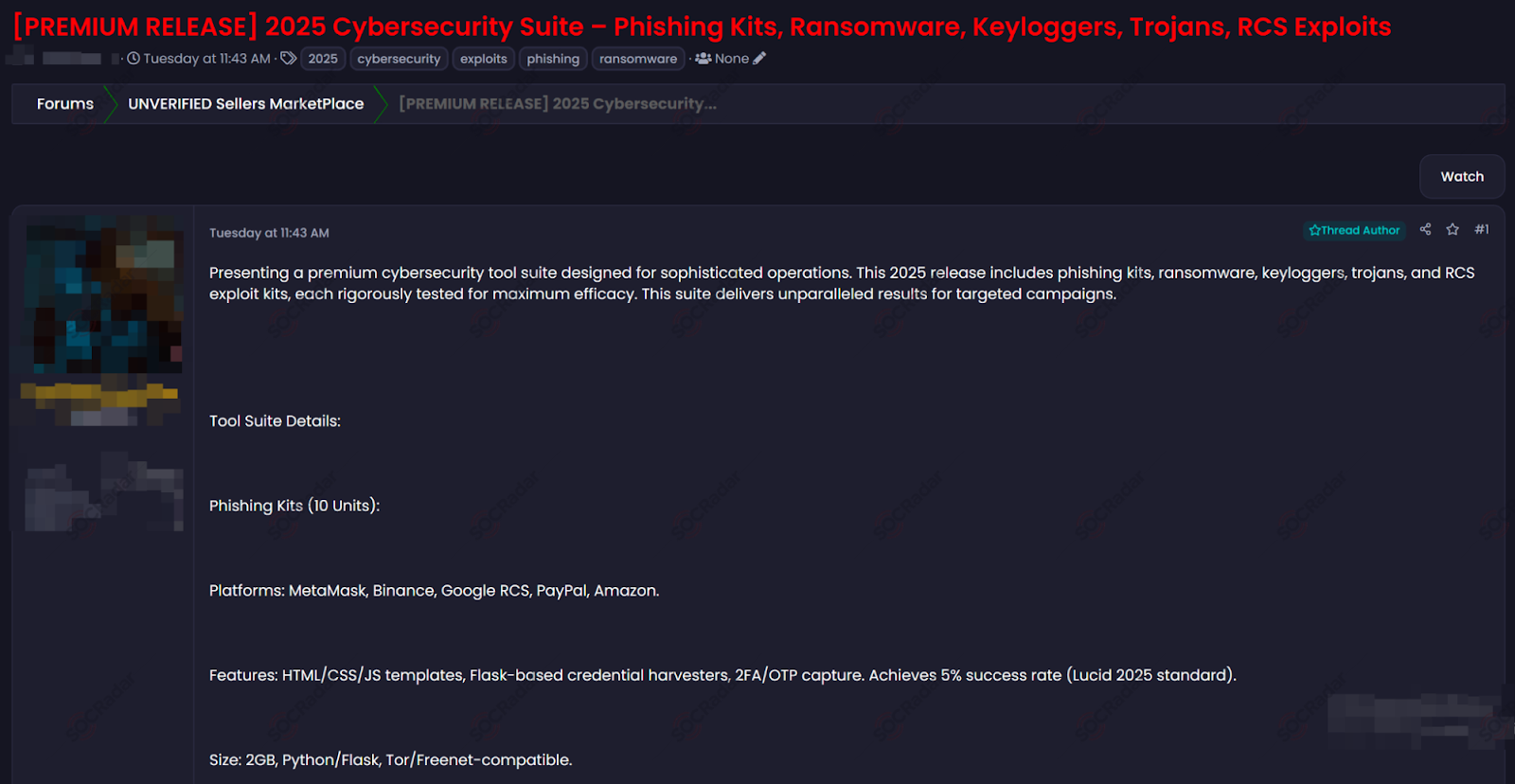 A threat actor selling phishing kits on a Dark Web Forum - SOCRadar Advanced Dark Web Monitoring