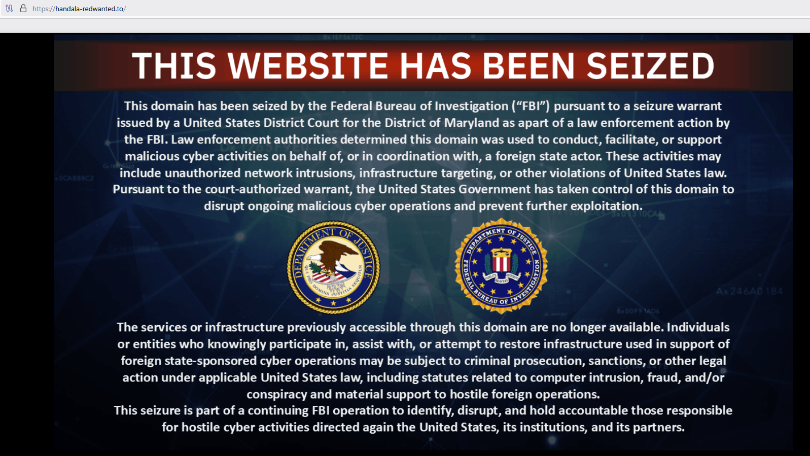 FBI seizure notice on handala-redwanted[.]to