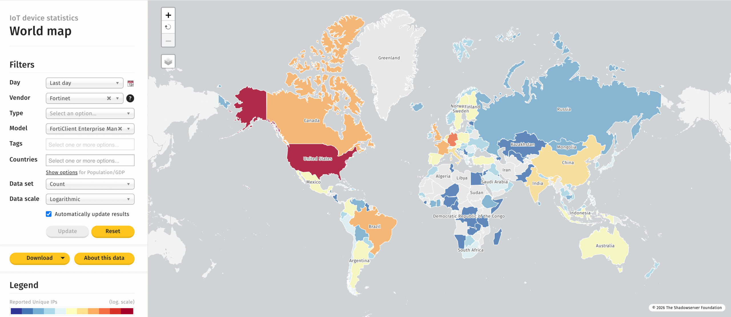 Exposure map for FortiClient Enterprise Management Server (Shadowserver)