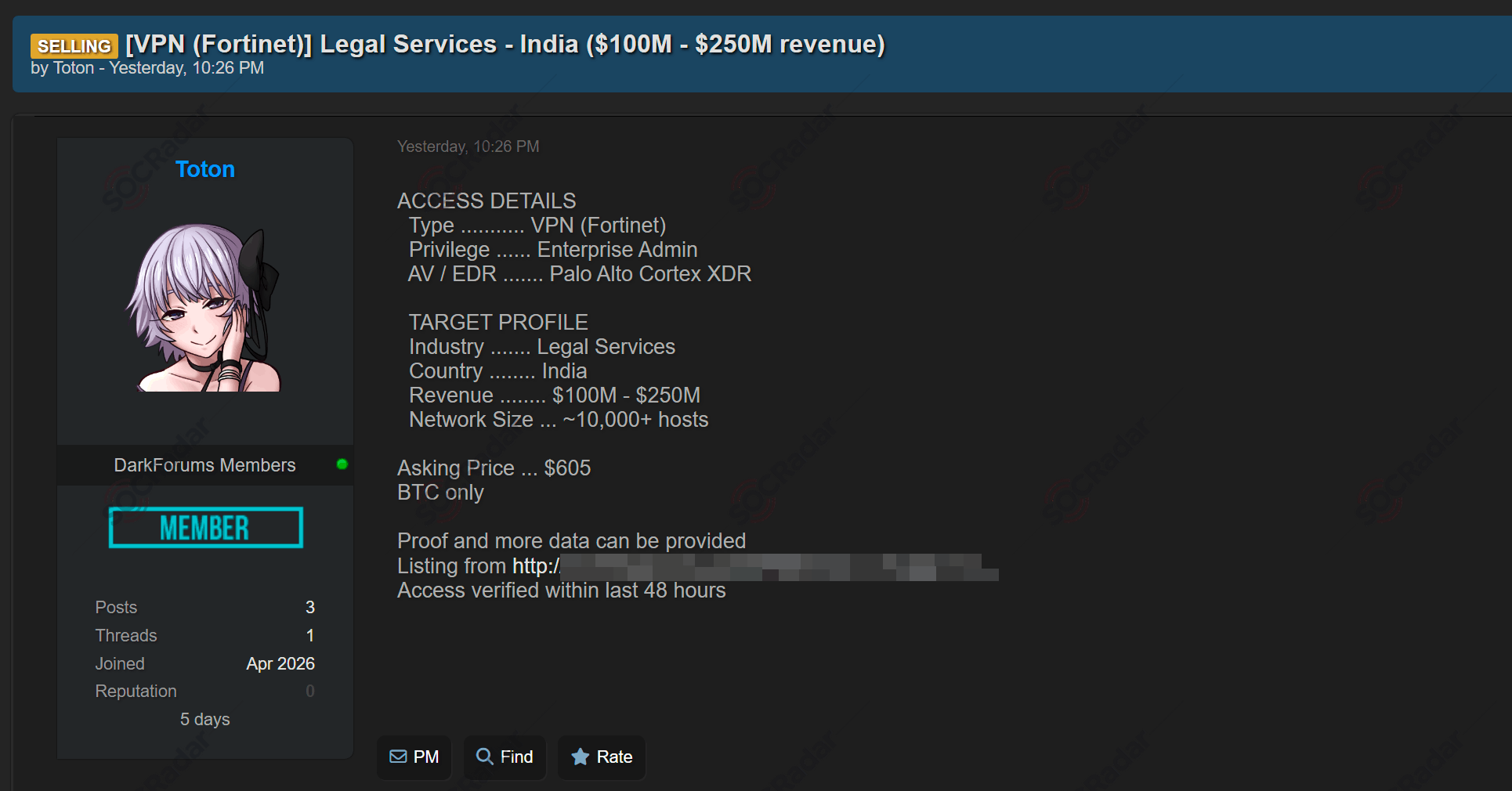VPN Fortinet Access Sale is Detected for a Legal Services Target in India