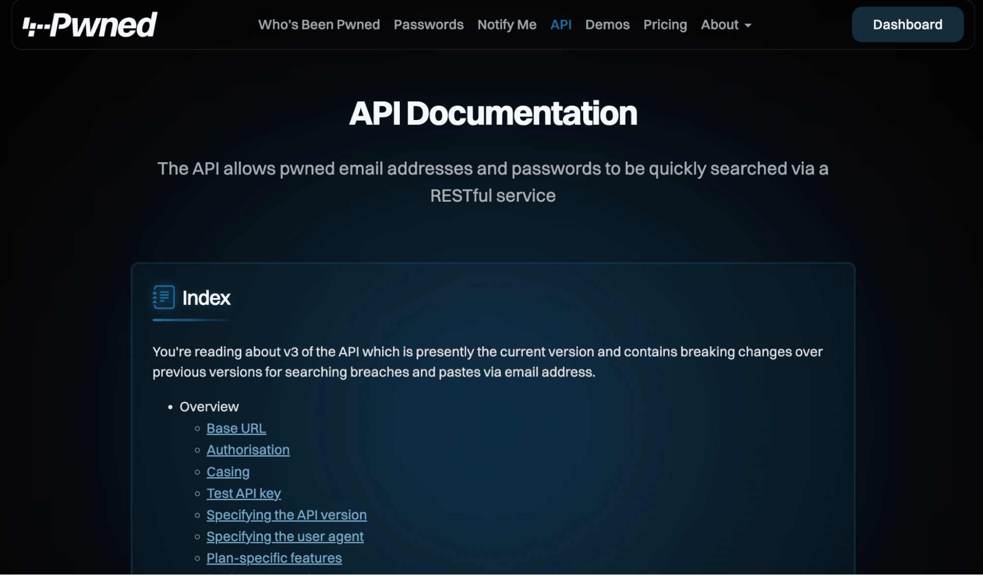 Have I Been Pwned Enterprise APIのドキュメント画面例