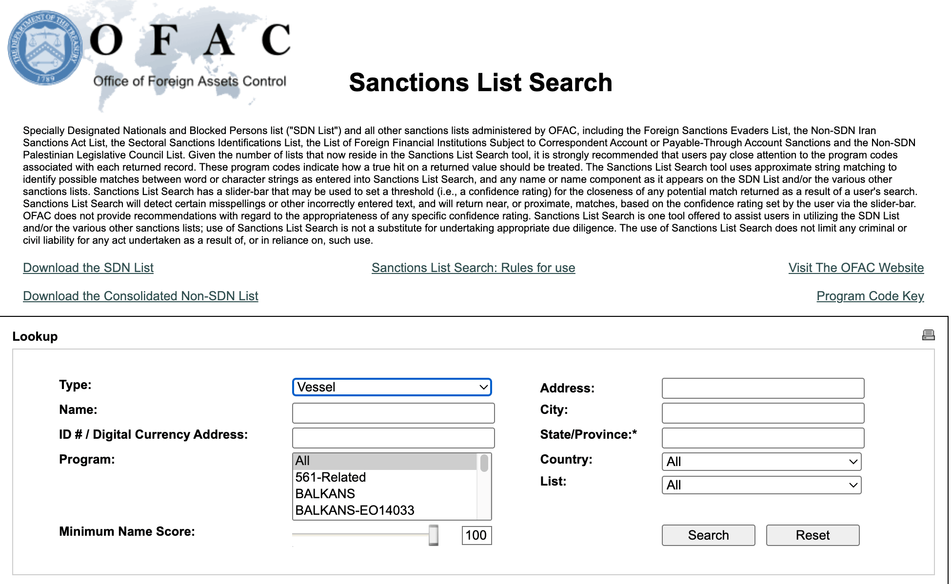 OFAC Sanctions List Search
