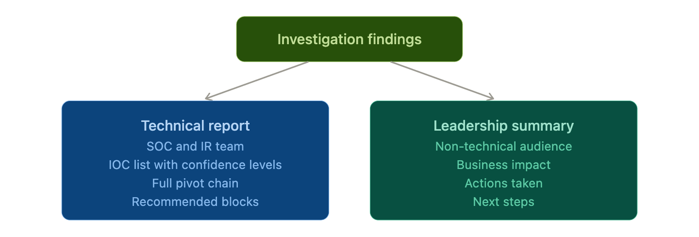 Structure your output for two audiences: the team that blocks the threat, and the team that makes the call.