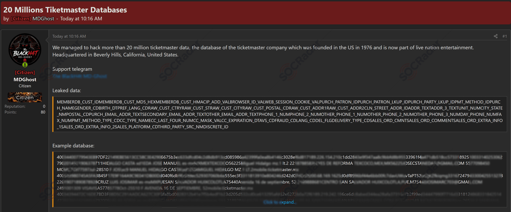 Alleged Ticketmaster Database of 20 Million Records is Detected