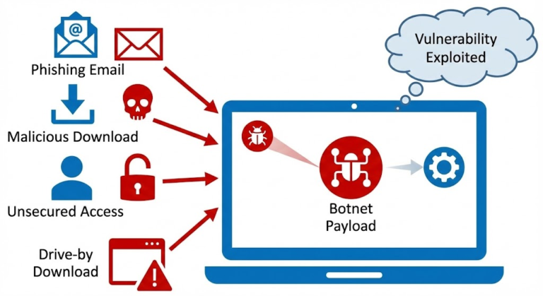 A diagram showing four threat vectors (Phishing Email, Malicious Download, Unsecured Access, Drive-by Download) pointing to a laptop.