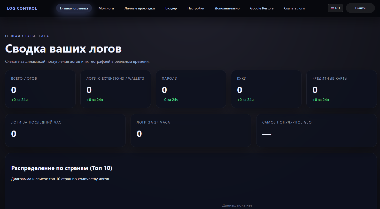 Void Stealer administration panel displaying log statistics and basic operator controls