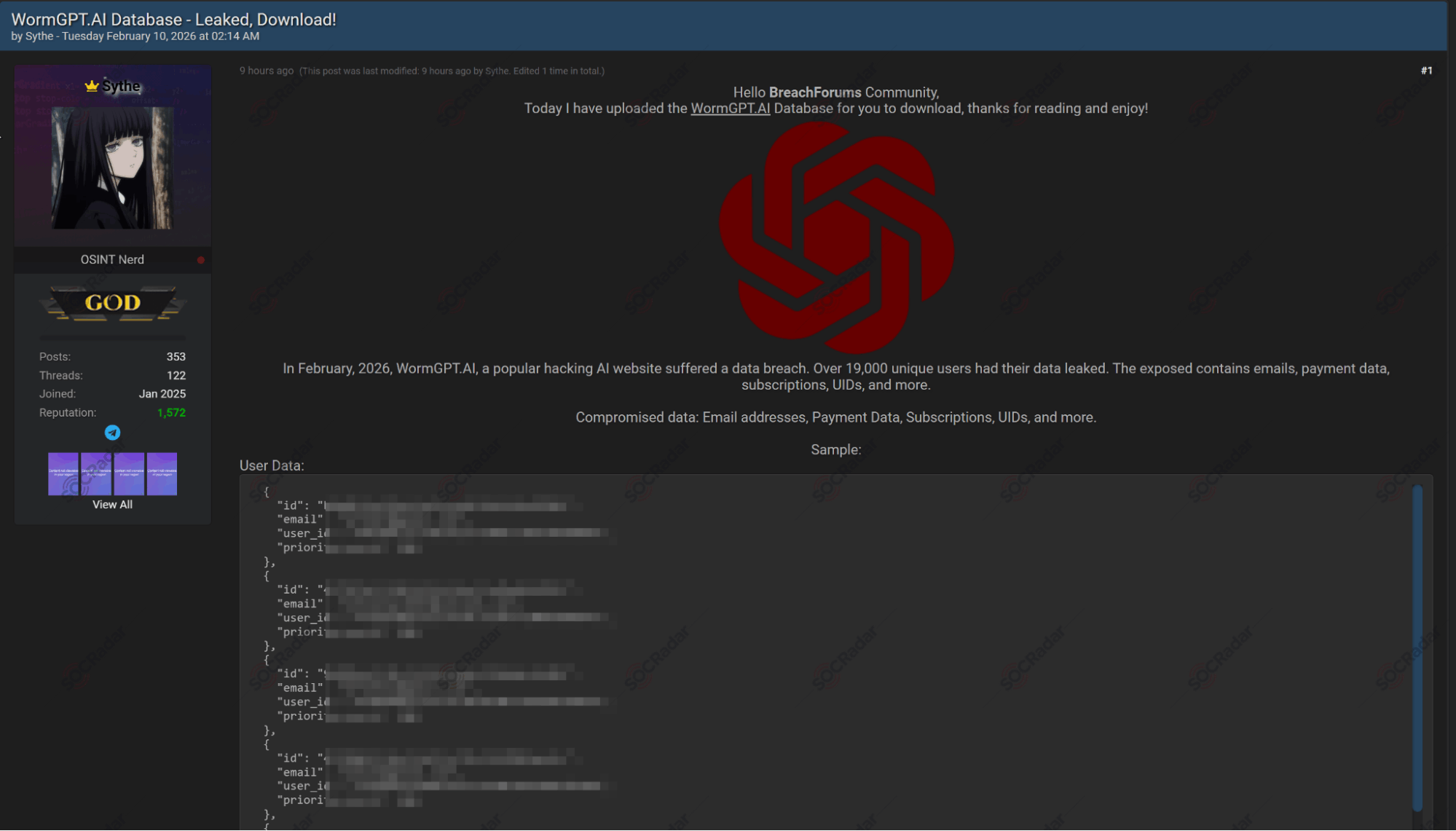 The BreachForums post from February 10, 2026, claims to publish the full wormgpt.ai user database. Over 19,000 users, emails, payment data, and subscription records.