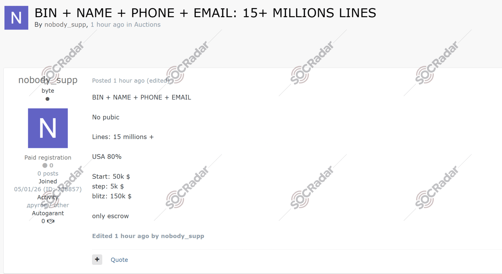 The Alleged Sale of 15 Million BIN-Tagged Personal Leads is Detected