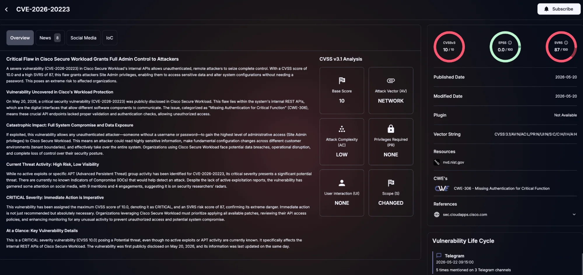 Details of CVE-2026-20223 (SOCRadar Vulnerability Intelligence)