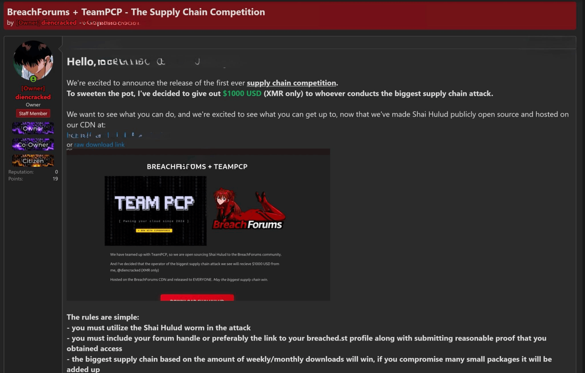 BreachForums and TeamPCP promote a supply chain competition tied to Shai-Hulud tooling 